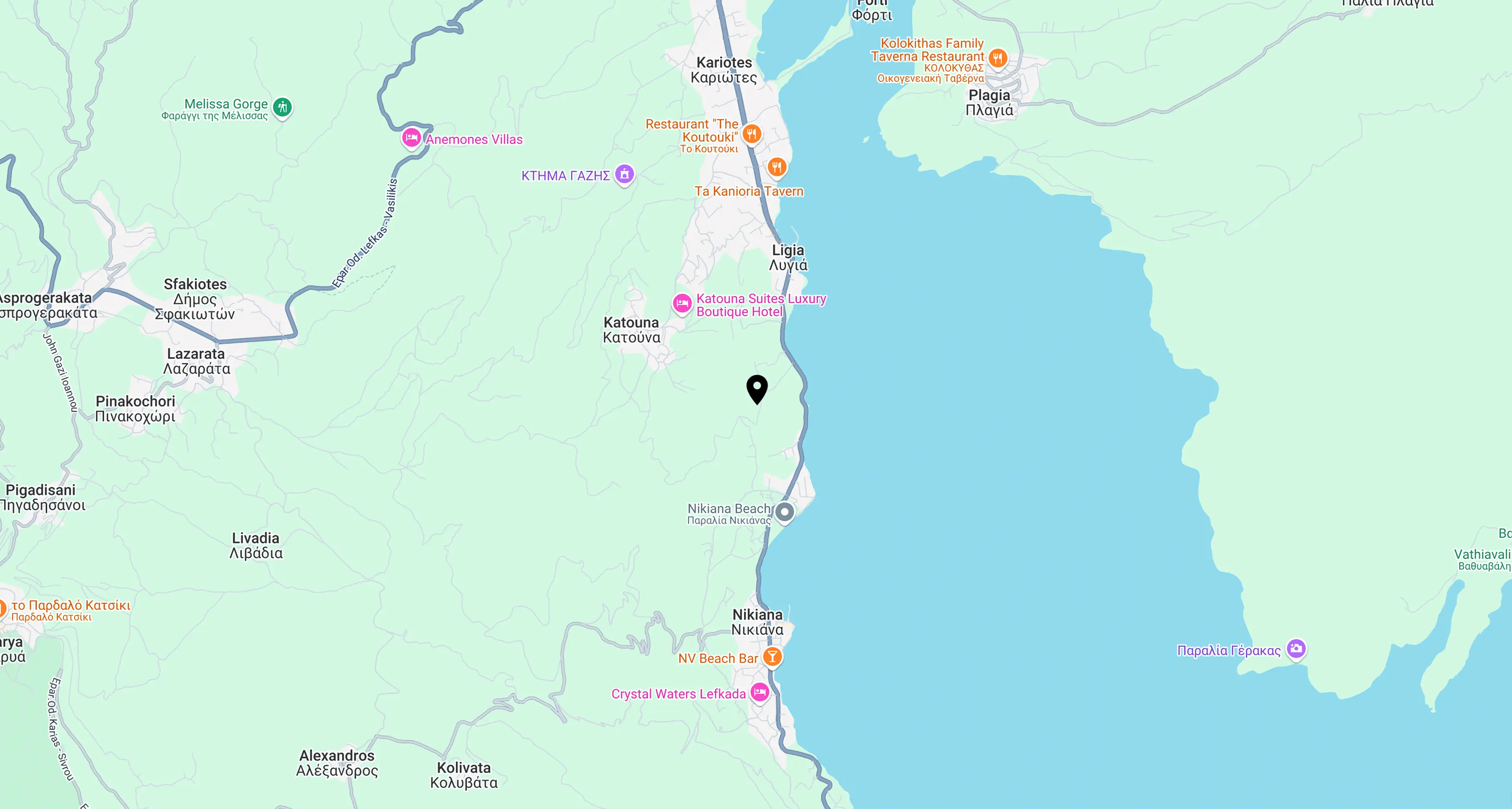 Map showing Aspasia's Mansion location in Lygia, Lefkada